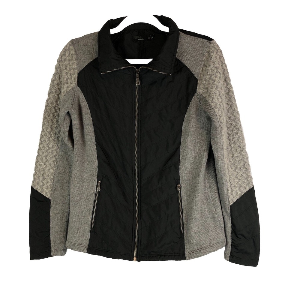 Prana Womens Medium Black Quilted‎ Full Zip Jacket Top Long Sleeve Pockets FLAW